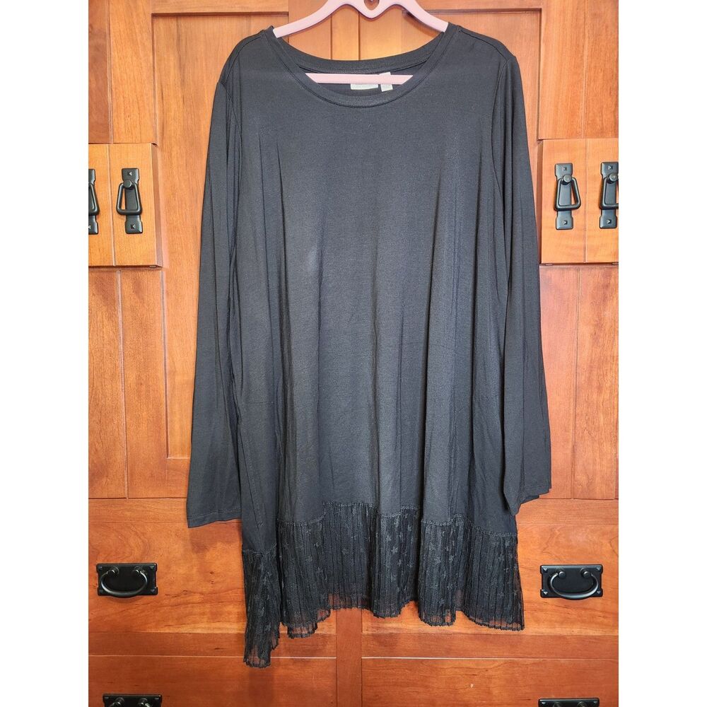 LOGO by Lori Goldstein Black Jersey Knit Shirt/Dress w/ Lace Ruffle Size 2X